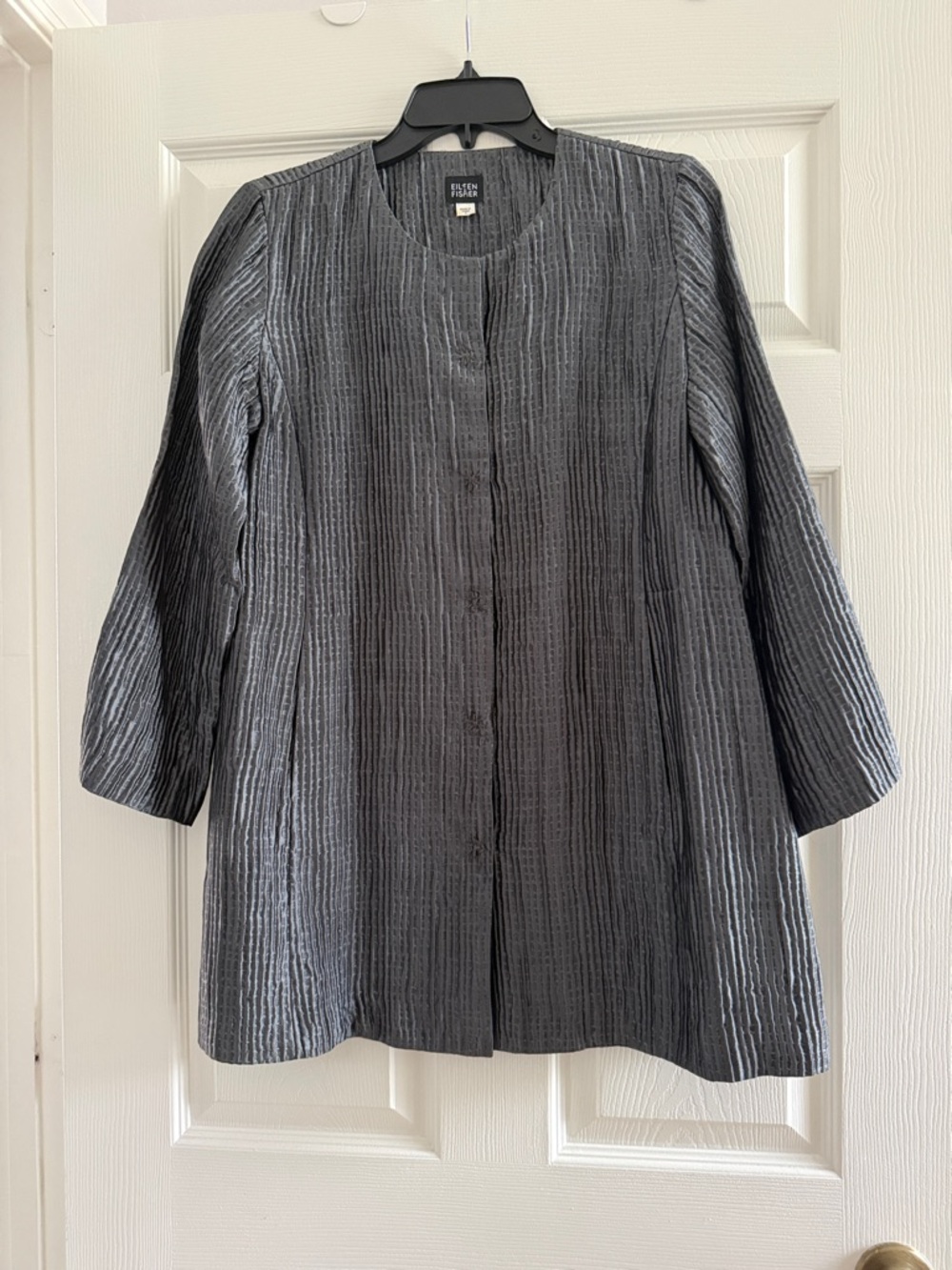 Eileen Fisher Silk Vertical-Texture Longline Coat - Charcoal Gray